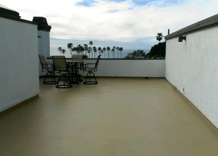 Rooftop terrace with sun loungers and palm trees